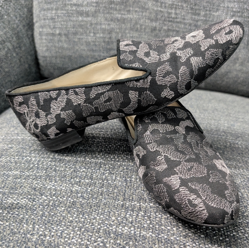 Sam Edelman Jordy Silver Metallic Leopard Print Fabric Leather Loafers Size 8